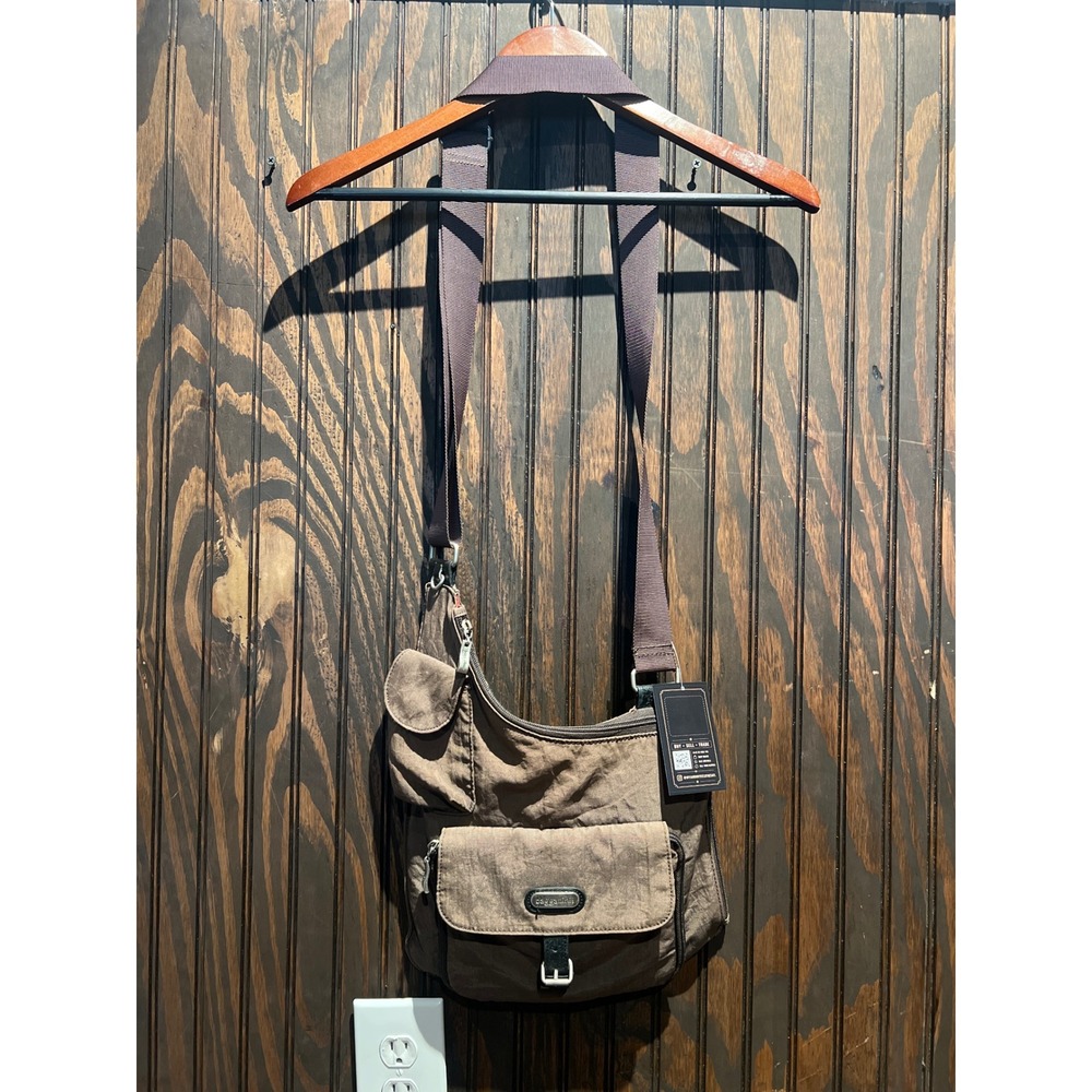 Baggallini Charcoal Brown Crinkle Nylon Crossbody Messenger Bag 11x13